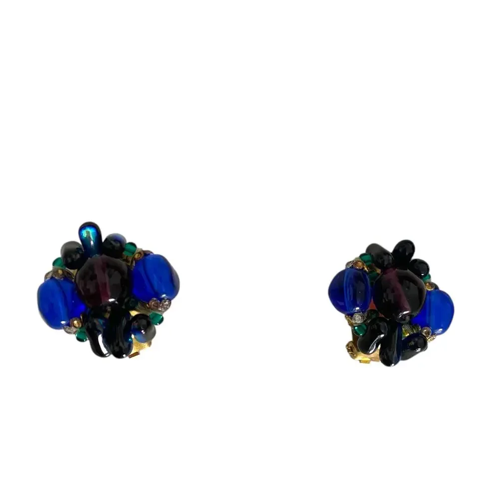Lovely Vintage 60's Plastic Clluster Beaded Clip On Earrings Blue and Green